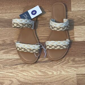 Tan and Cream Braided Sandals with Flat Sole